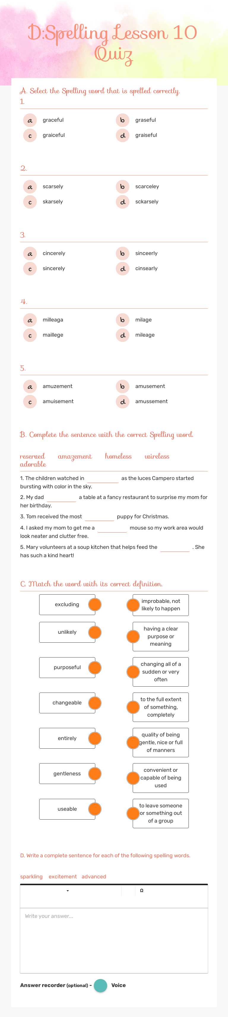D:Spelling Lesson 10 Quiz worksheet preview image