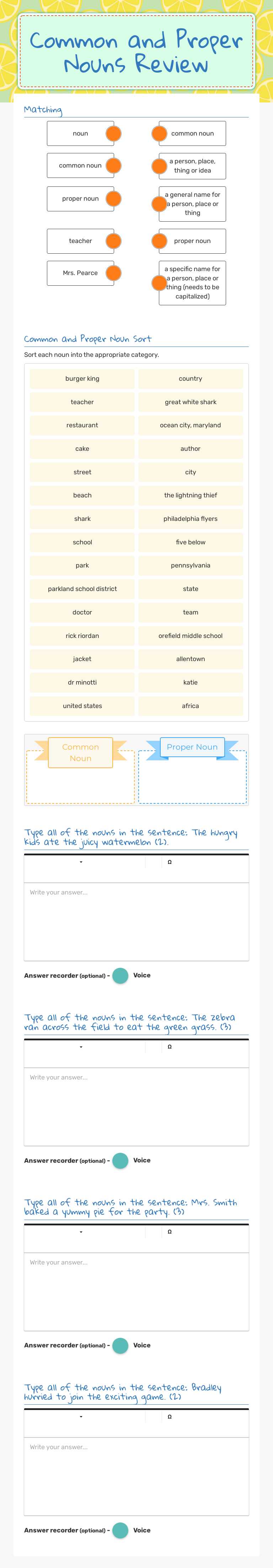 Common and Proper Nouns Review worksheet preview image