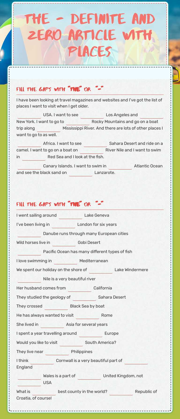 the - definite and zero article with places Grade 6 worksheet preview