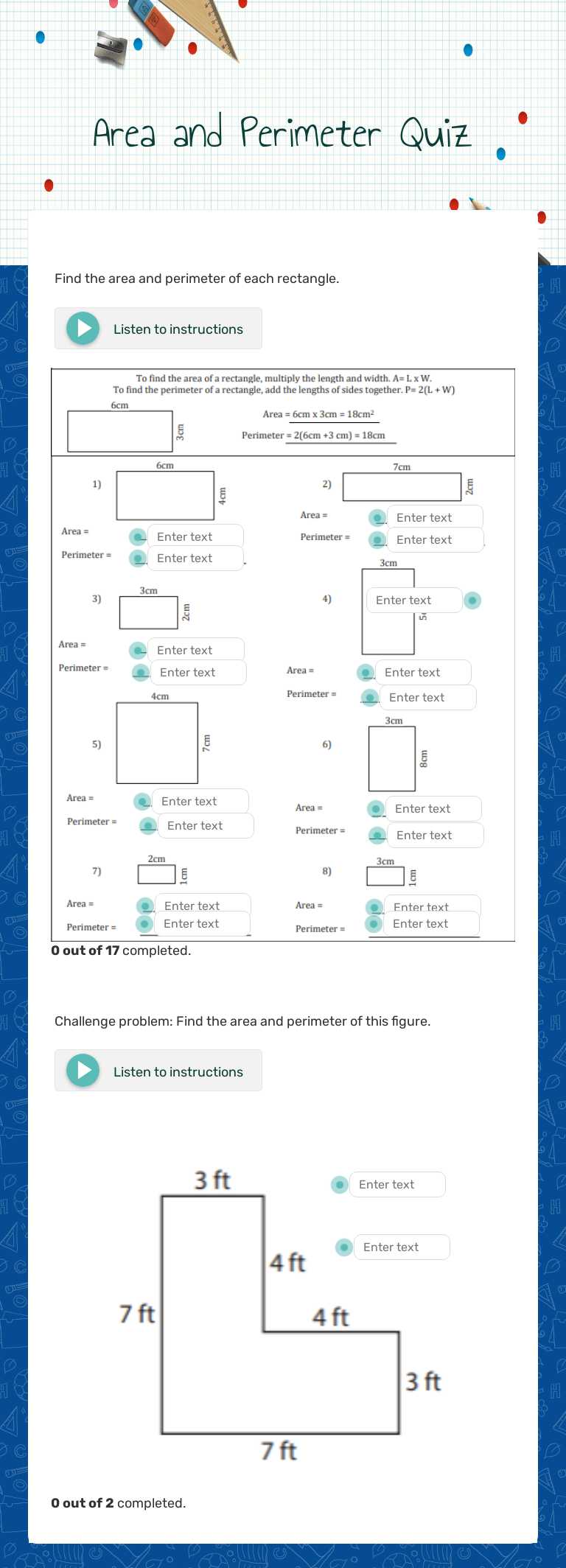 Area and Perimeter Quiz worksheet preview image
