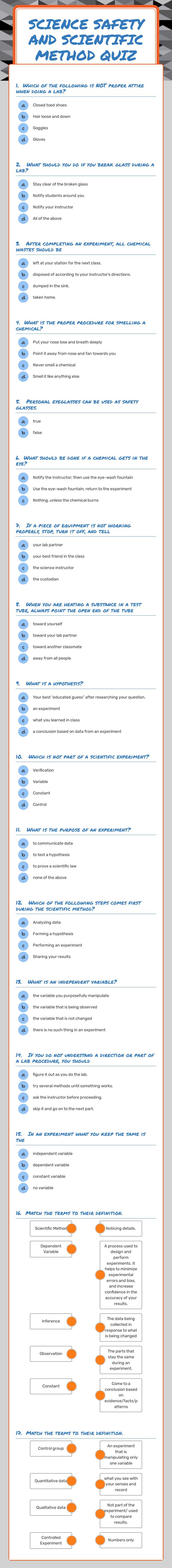 Science Safety and Scientific Method Quiz worksheet preview image
