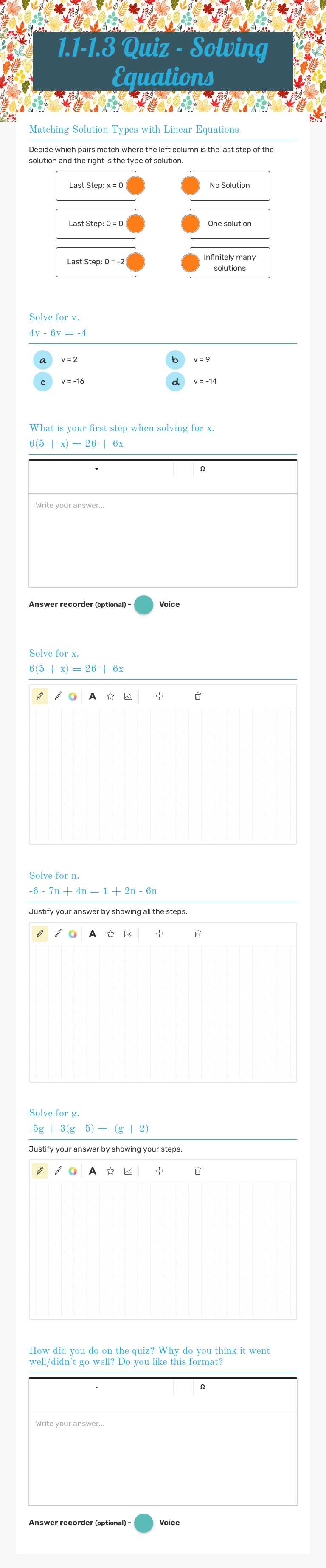 1.1-1.3 Quiz - Solving Equations Grade 8 worksheet preview
