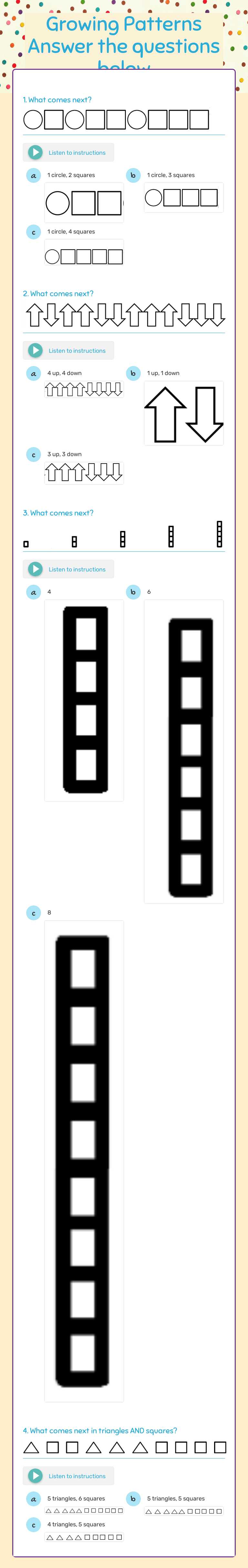 Growing Patterns Answer the questions below Grade 1 worksheet preview