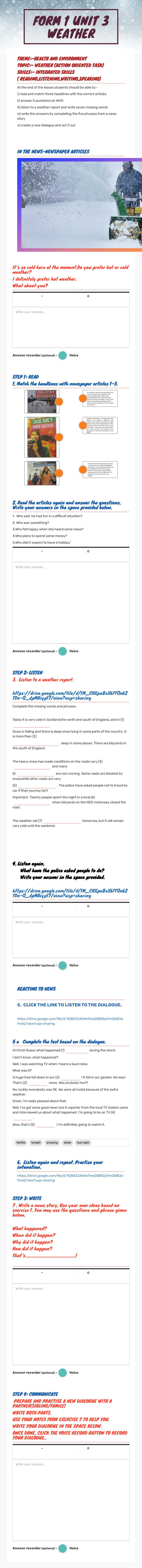 FORM 1       
 UNIT 3  WEATHER Grade 9 worksheet preview
