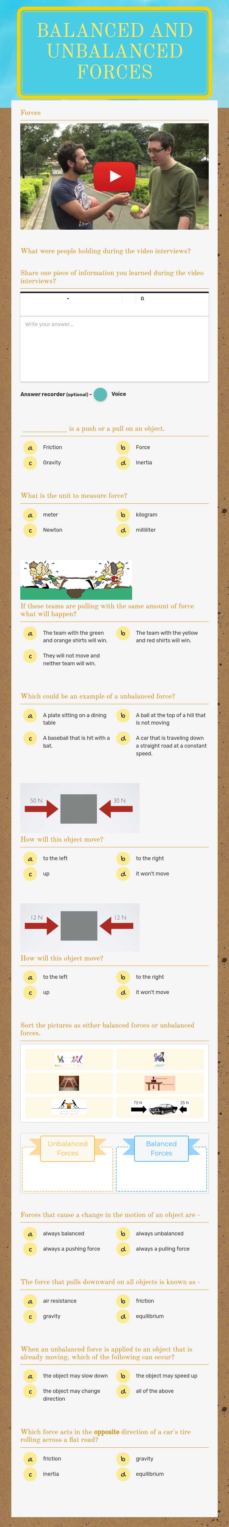 Balanced and Unbalanced Forces worksheet preview image
