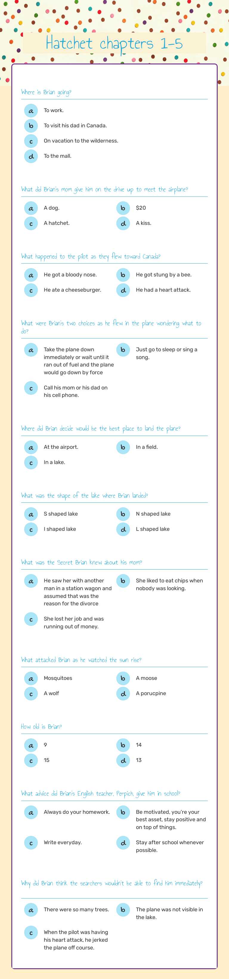 Hatchet chapters 1-5 worksheet preview image