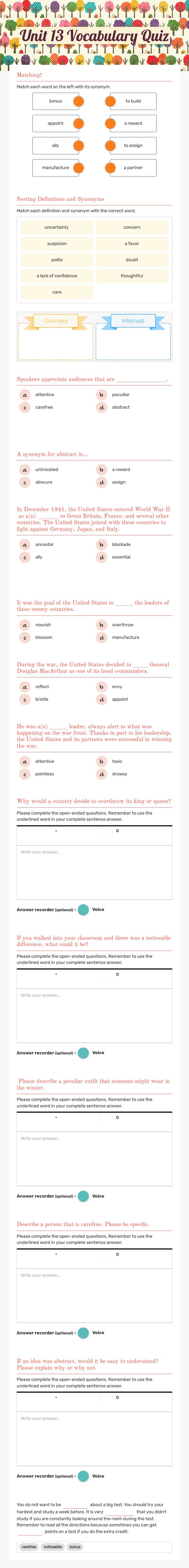 Unit 13 Vocabulary Quiz Grade 4 worksheet preview