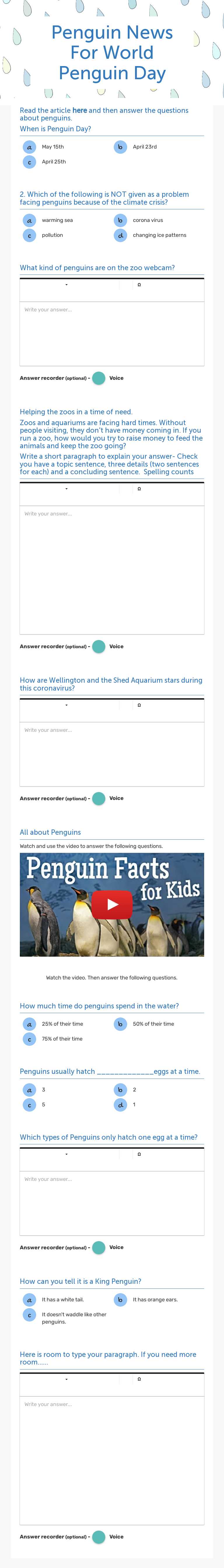 Penguin News For World Penguin Day worksheet preview image