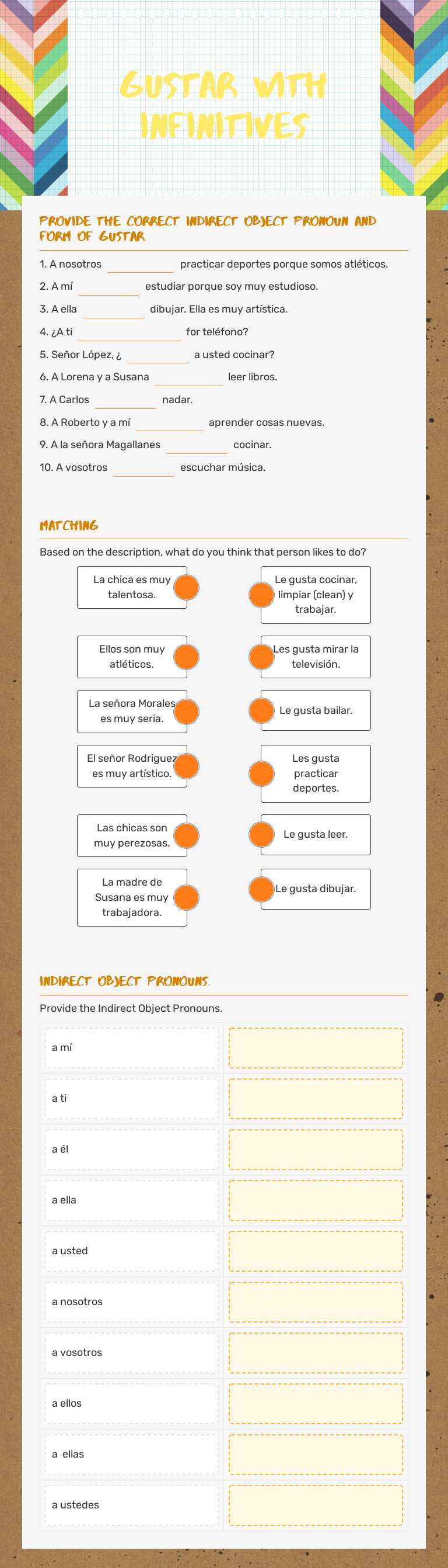 Gustar with Infinitives worksheet preview image