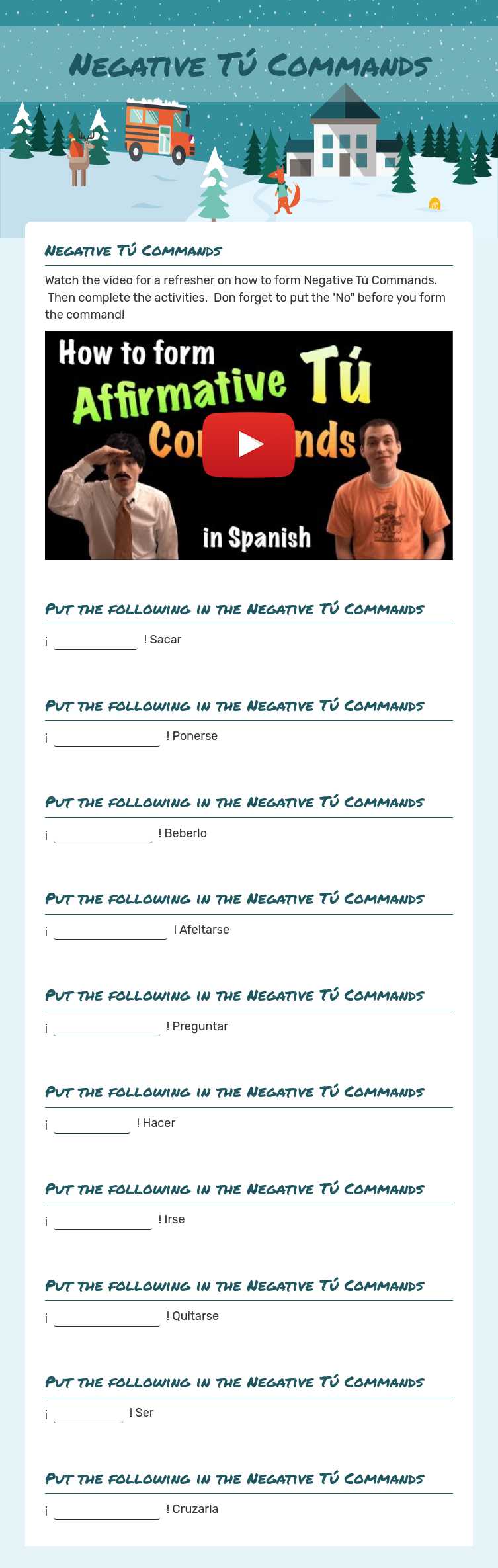 Negative Tú Commands worksheet preview