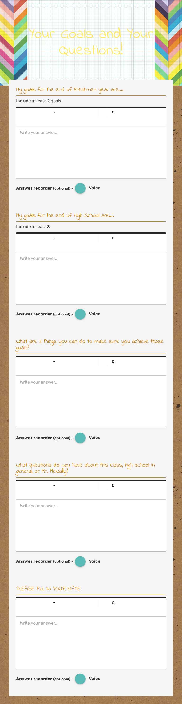 Your Goals and Your Questions! Grade 9 worksheet preview
