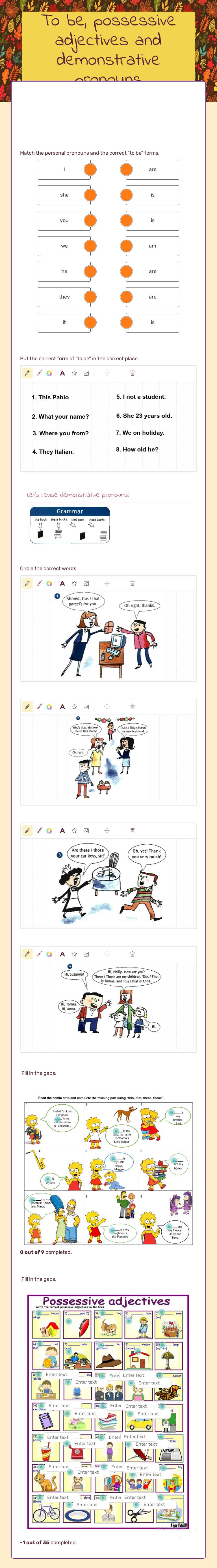 To be, possessive adjectives and demonstrative pronouns worksheet preview image
