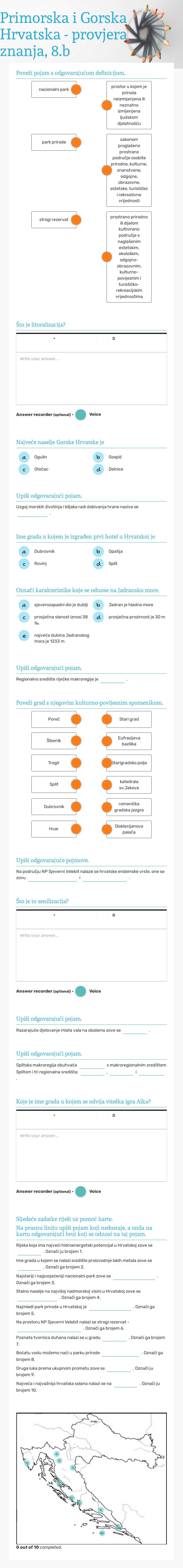 Primorska i Gorska Hrvatska - provjera znanja, 8.b Grade 8 worksheet preview