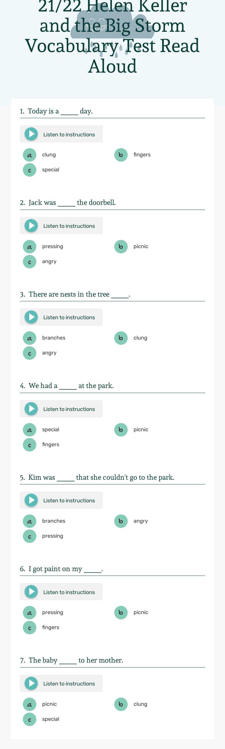21/22 Helen Keller and the Big Storm Vocabulary Test Read Aloud worksheet preview image