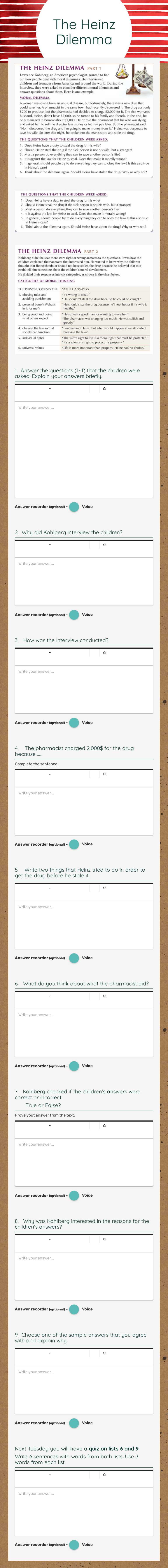 The Heinz Dilemma Grade 10 worksheet preview