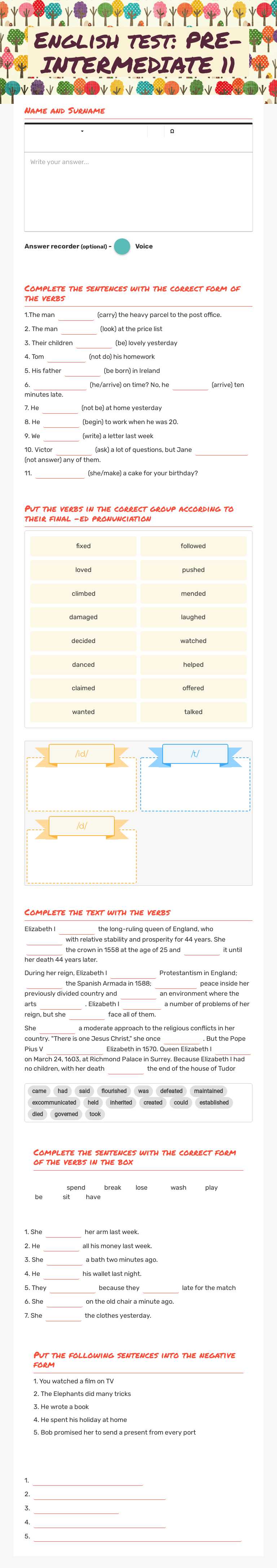 English test: PRE-INTERMEDIATE 11 worksheet preview image