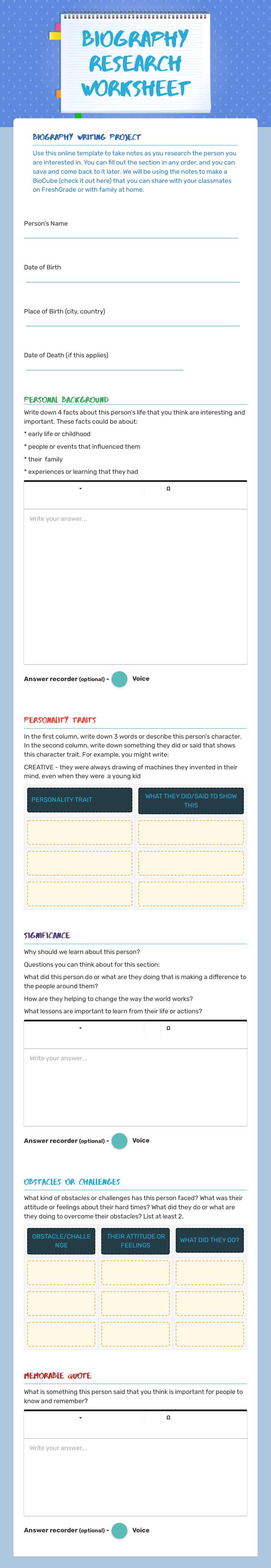 Biography Research Worksheet Grade 3 worksheet preview