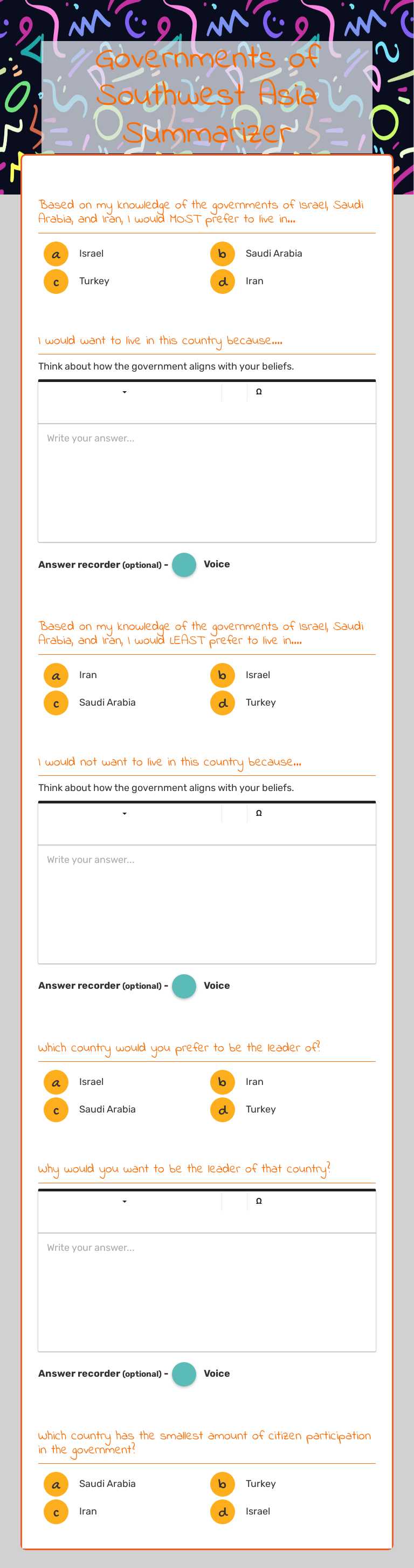 Governments of Southwest Asia Summarizer Grade 7 worksheet preview
