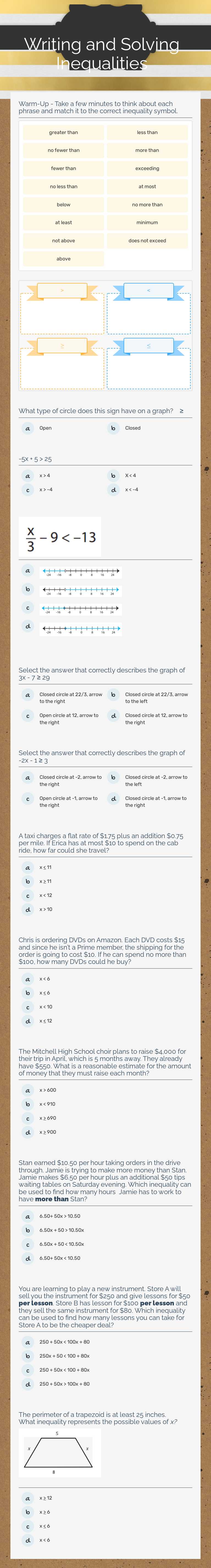 Writing and Solving Inequalities worksheet preview image
