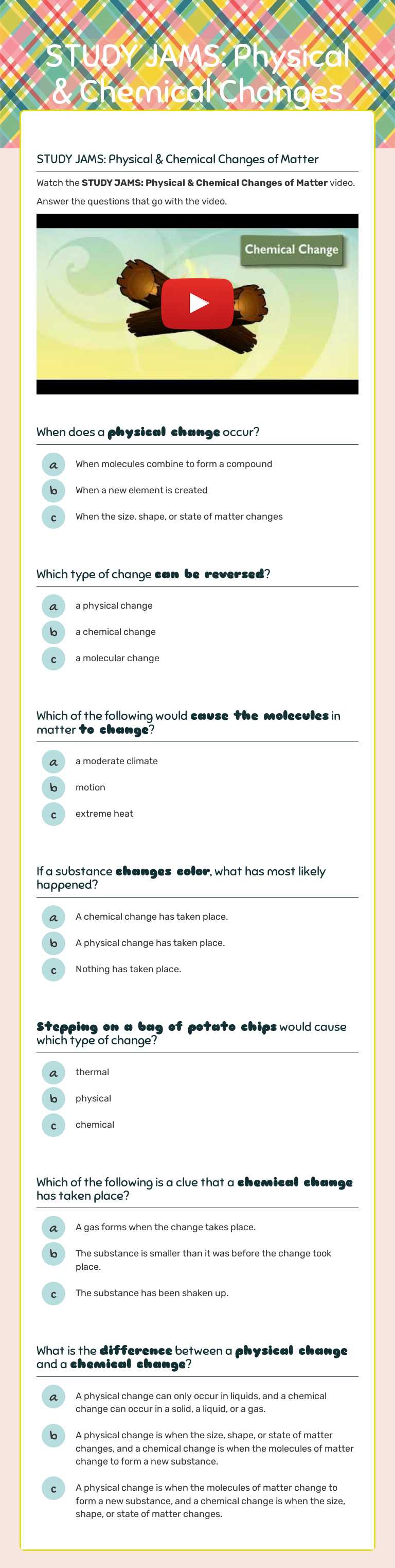 STUDY JAMS: Physical & Chemical Changes worksheet preview image