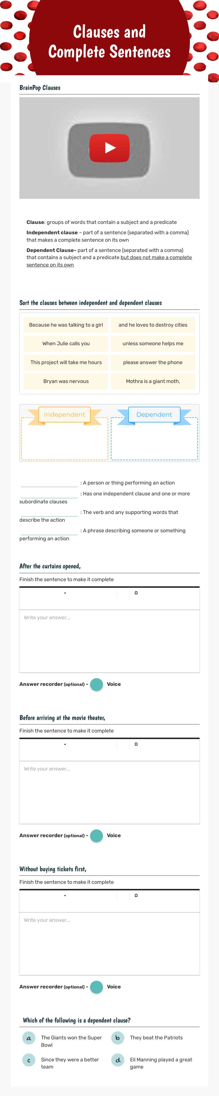 Clauses and Complete Sentences Grade 4 worksheet preview