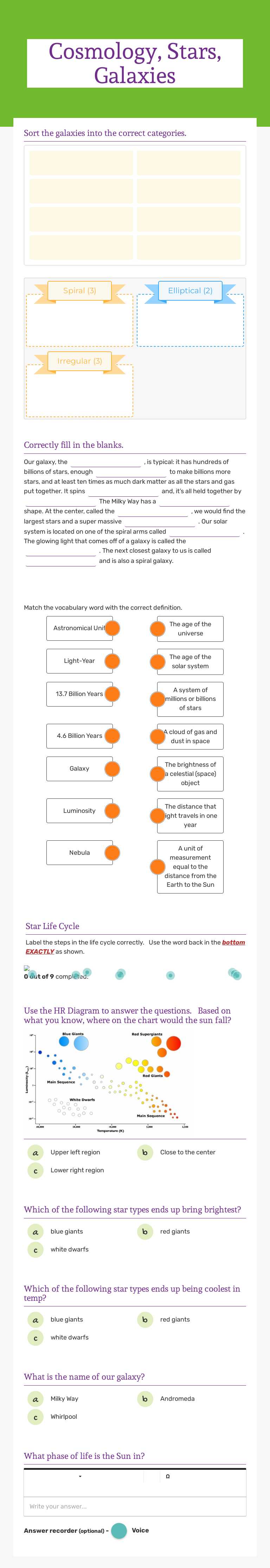 Cosmology, Stars, Galaxies worksheet preview image