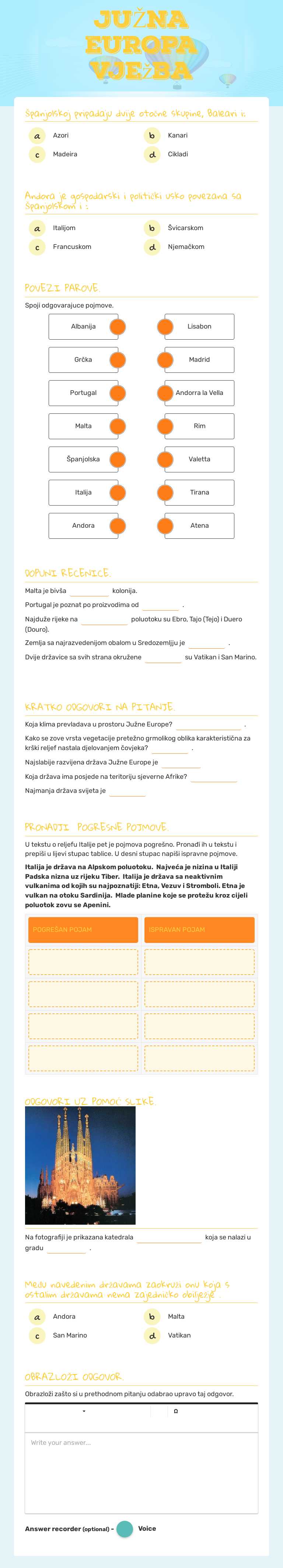 JUŽNA EUROPA vježba Grade 7 worksheet preview