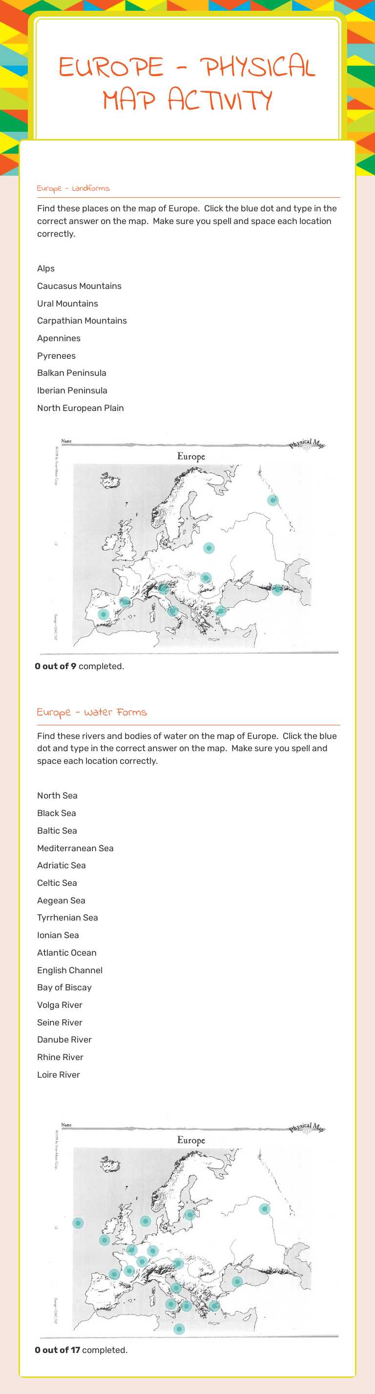 Europe - Physical Map Activity worksheet preview image