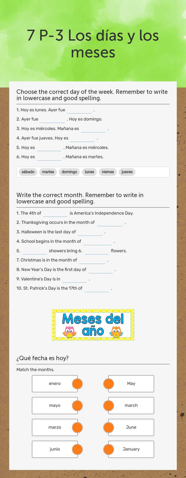 7 P-3 Los días y los meses worksheet preview image
