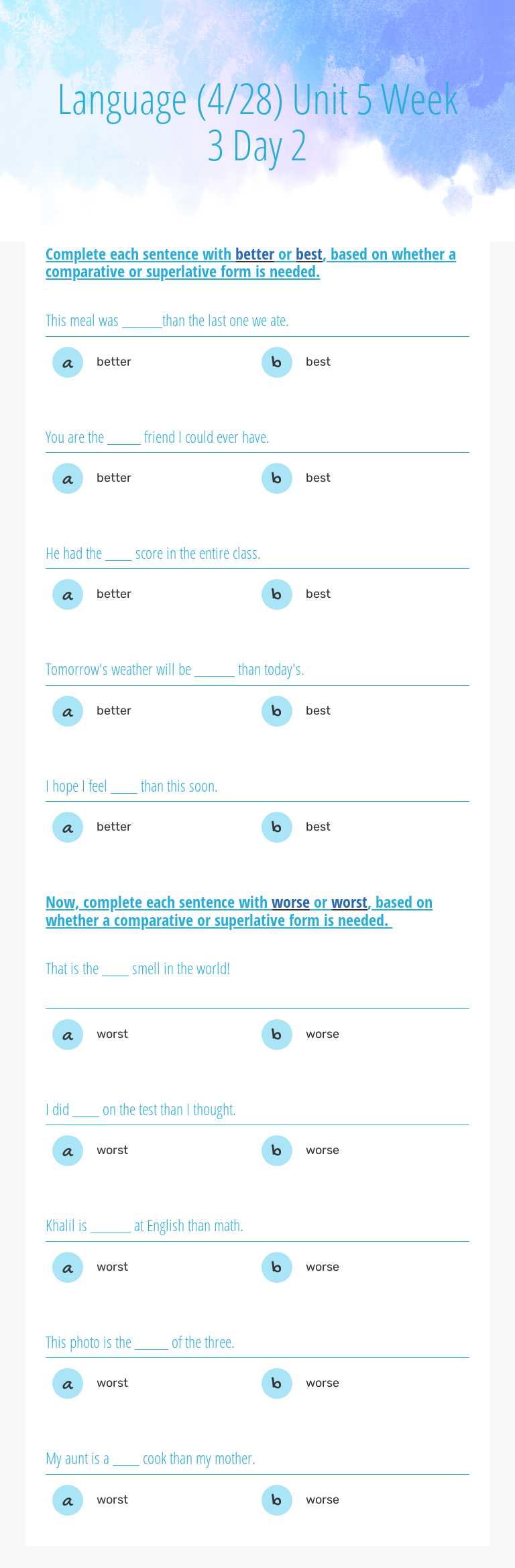 Language (4/28) Unit 5 Week 3 Day 2 Grade 4 worksheet preview