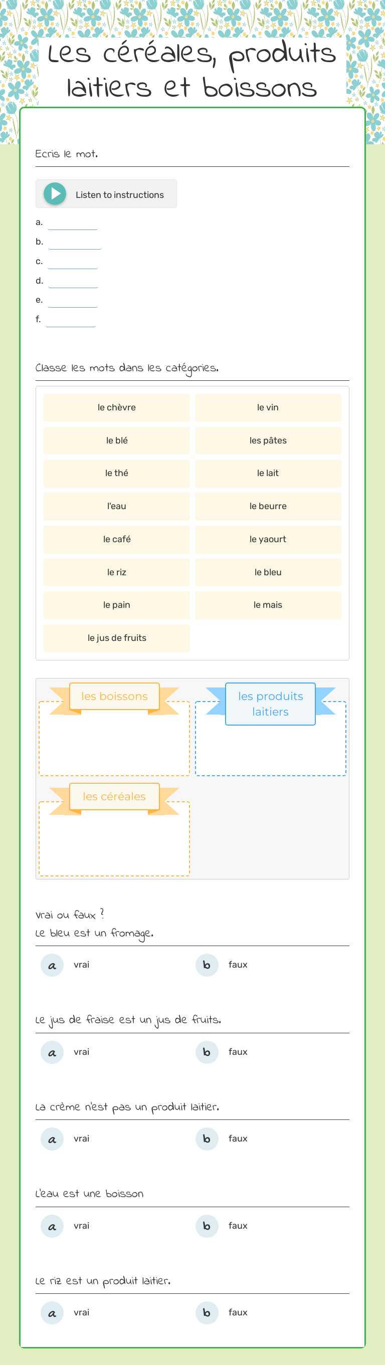 Les céréales, produits laitiers et boissons worksheet preview image