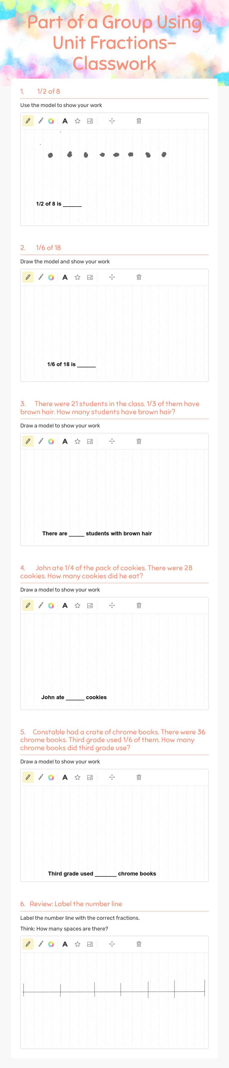Part of a Group Using Unit Fractions- Classwork worksheet preview image