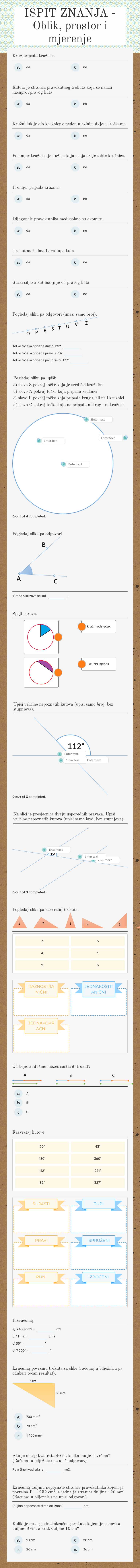 ISPIT ZNANJA - Oblik, prostor i mjerenje worksheet preview image