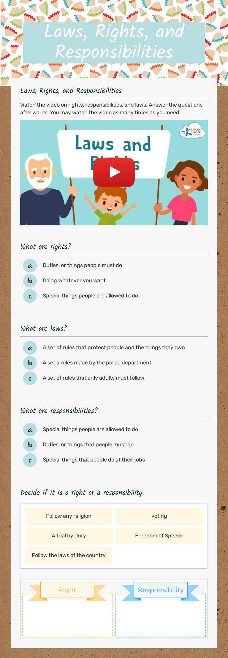 Laws, Rights, and Responsibilities Grade 2 worksheet preview
