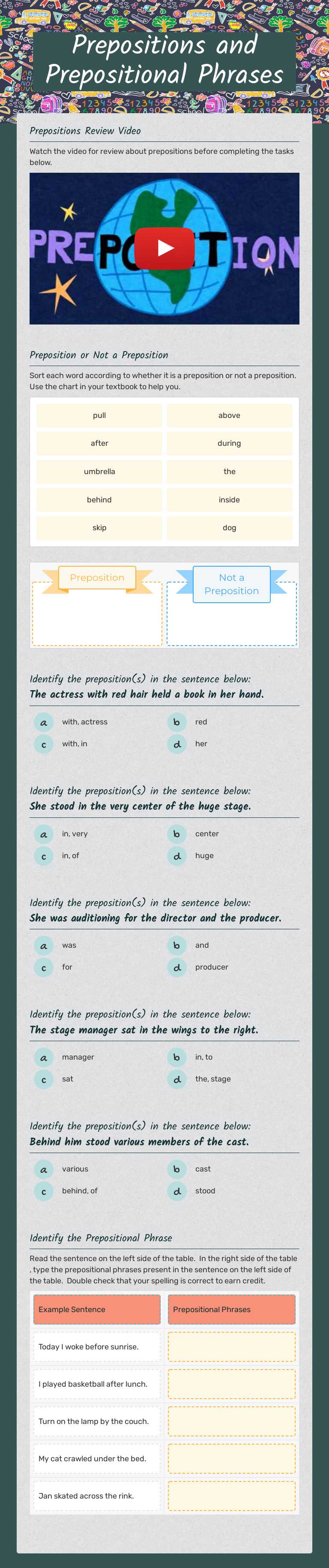 Prepositions and Prepositional Phrases worksheet preview image