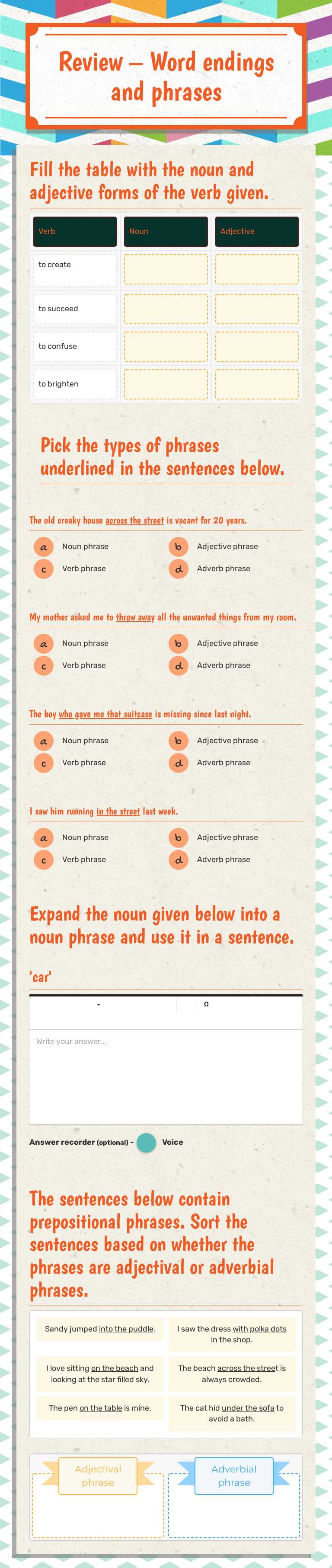 Review – Word endings and phrases Grade 4 worksheet preview