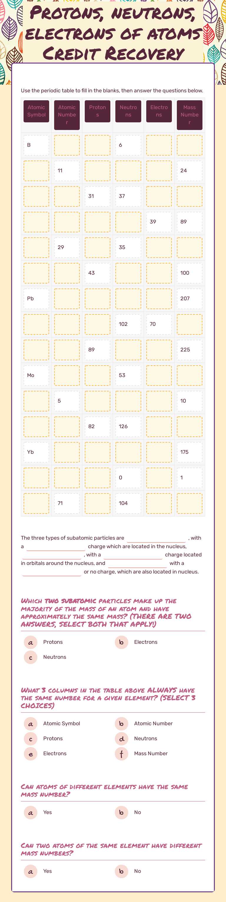 Protons, neutrons, electrons of atoms Credit Recovery worksheet worksheet preview image