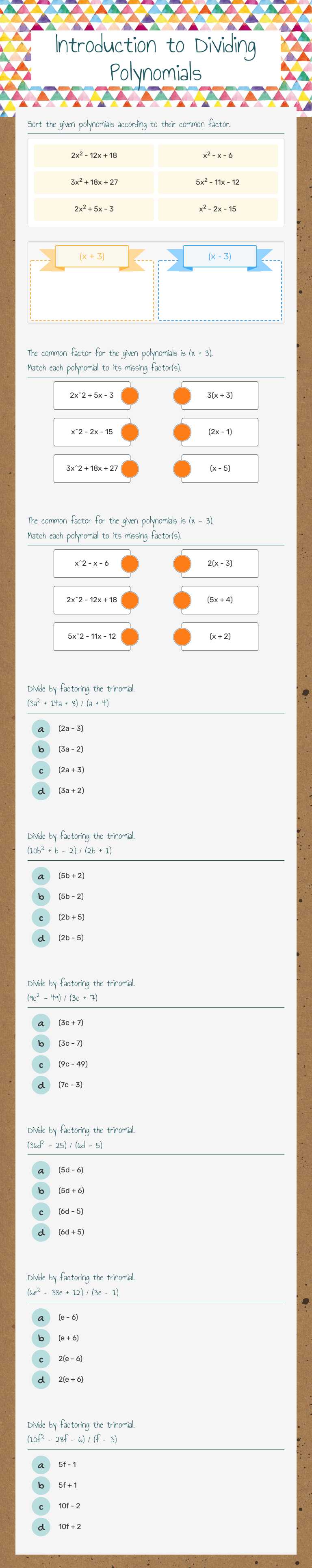 Introduction to Dividing Polynomials worksheet preview image