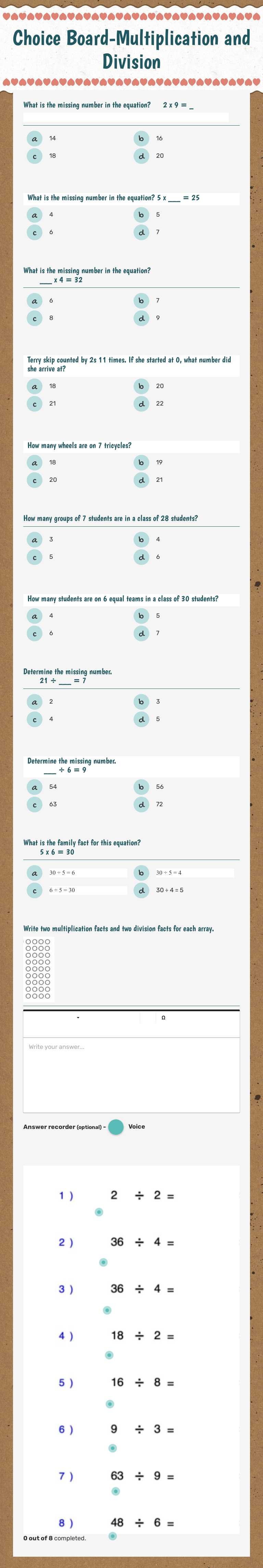 Choice Board-Multiplication and Division worksheet preview image