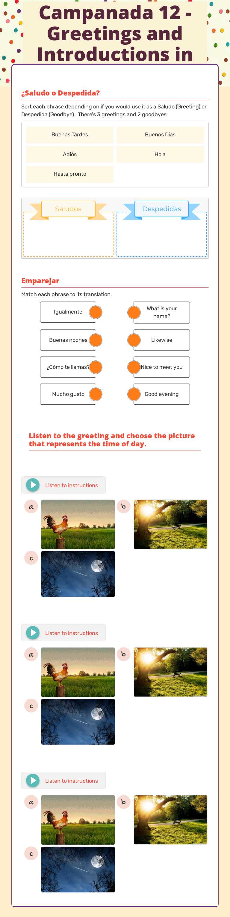 Campanada 12 - Greetings and Introductions in Spanish Grade 10 worksheet preview
