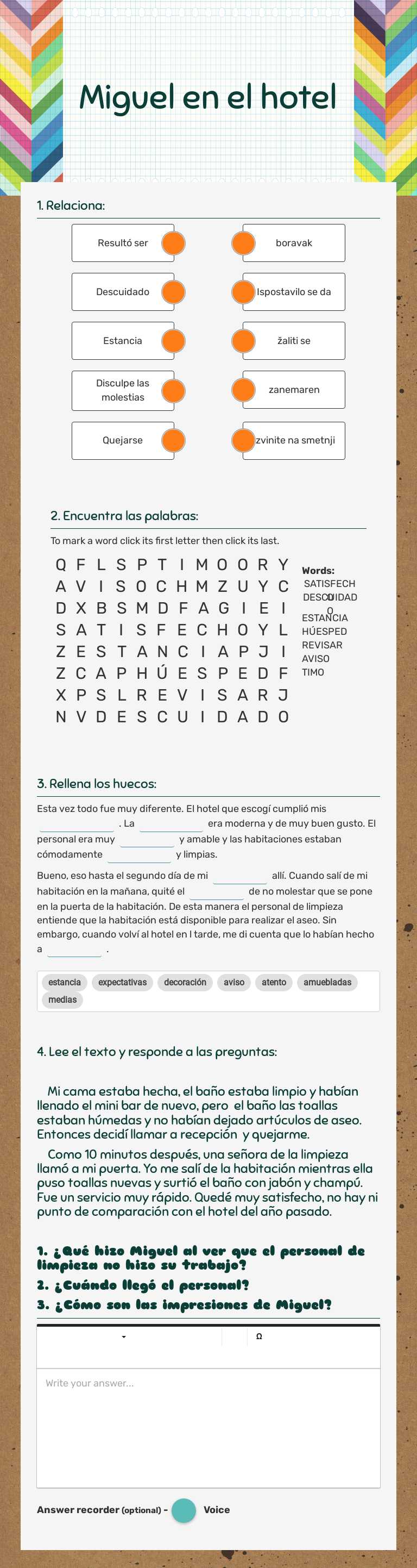 Miguel en el hotel worksheet preview image
