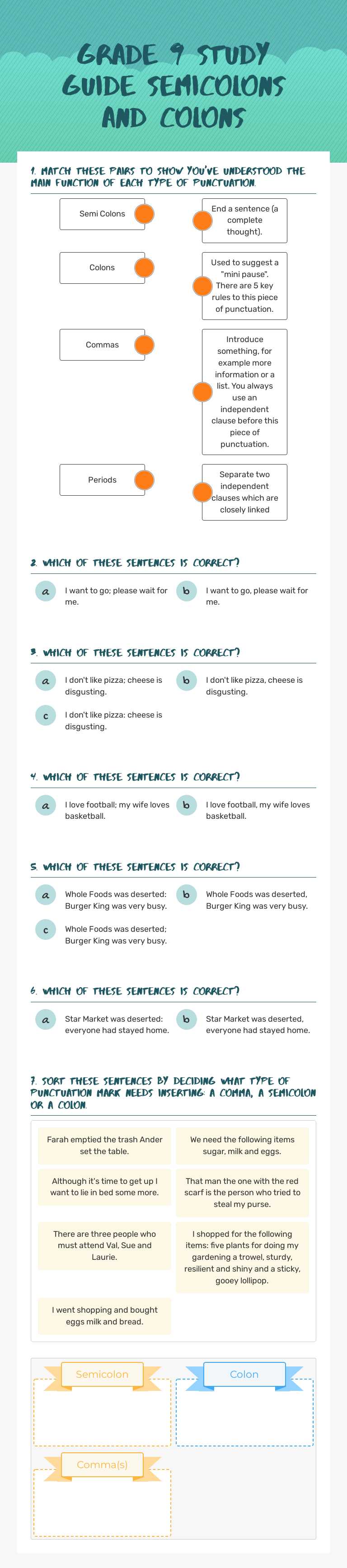 Grade 9 Study Guide Semicolons and colons worksheet preview image
