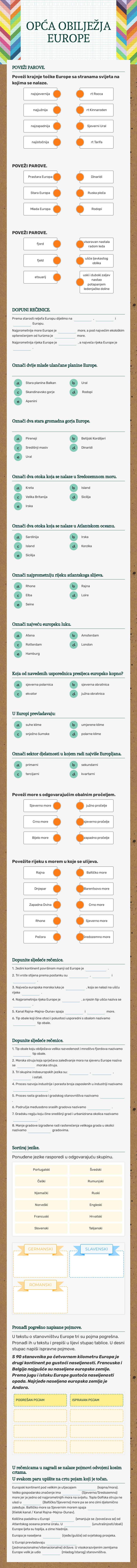 OPĆA OBILJEŽJA EUROPE Grade 7 worksheet preview
