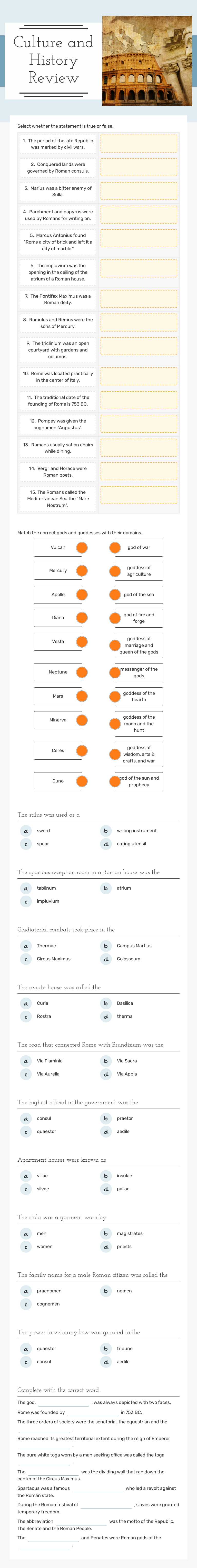 Culture and History Review worksheet preview image