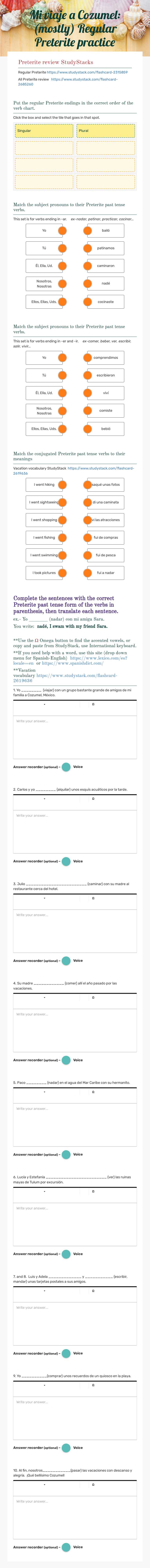 Mi viaje a Cozumel:  (mostly) Regular Preterite practice worksheet preview image