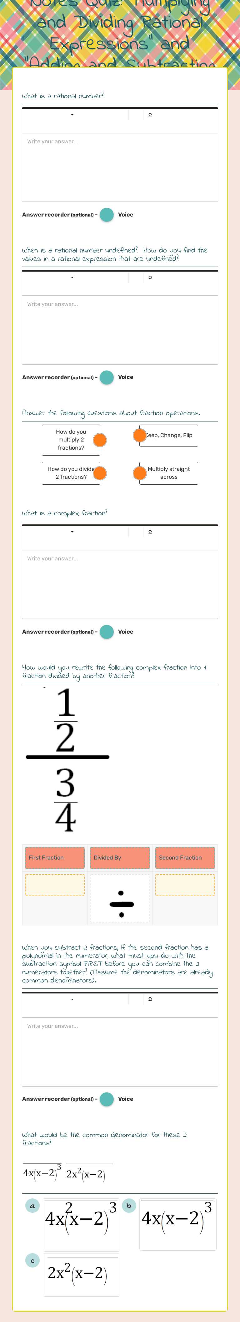 Notes Quiz: "Multiplying and Dividing Rational Expressions" and "Adding and Subtracting Rational Expressions" Preschool worksheet preview