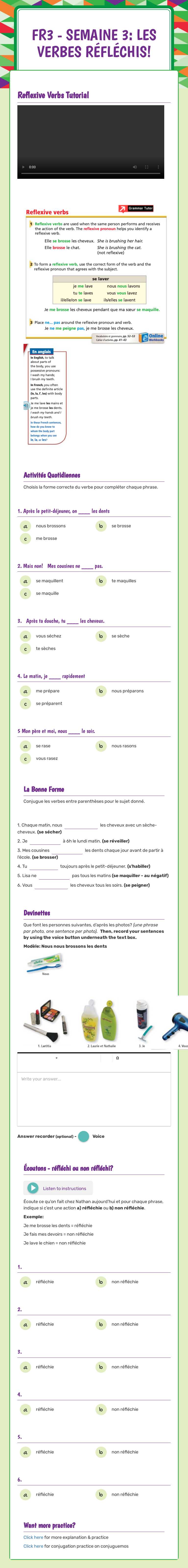 Fr3 - Semaine 3: Les verbes Réfléchis! Grade 10 worksheet preview
