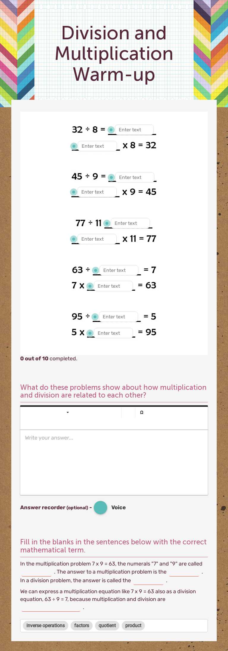 Division and Multiplication Warm-up worksheet preview image