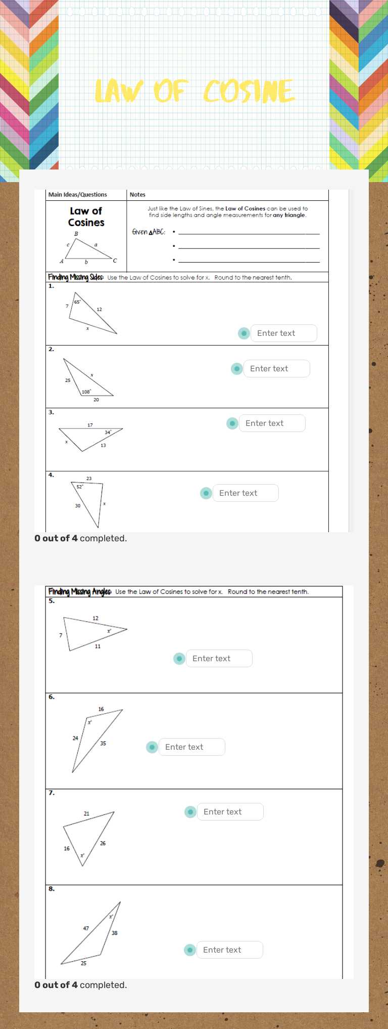 Law of Cosine worksheet preview image