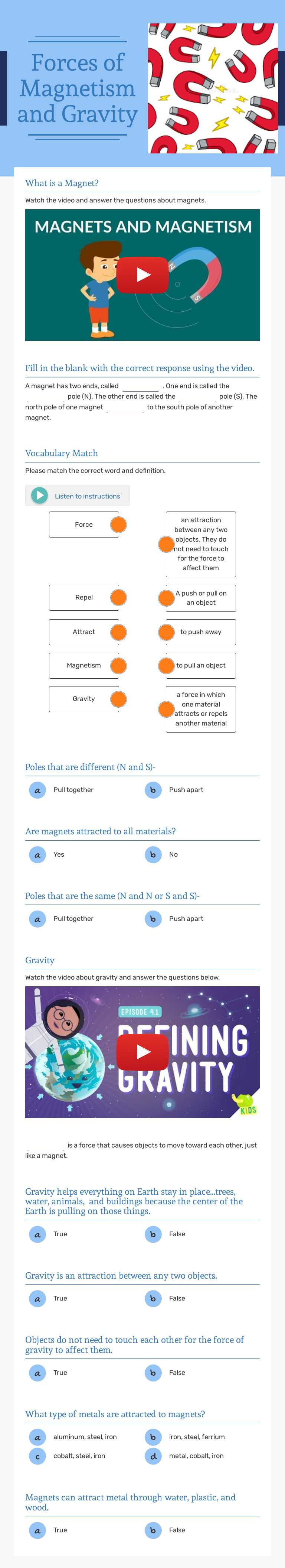Forces of Magnetism and Gravity worksheet preview image